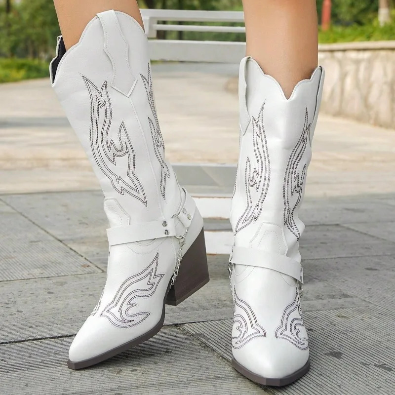Women Boots Autumn Winter Fashion Embroidered Western Cowboy Boots Women Casual Comfortable Pointed Toe Thick Heel Shoes Woman 251110
