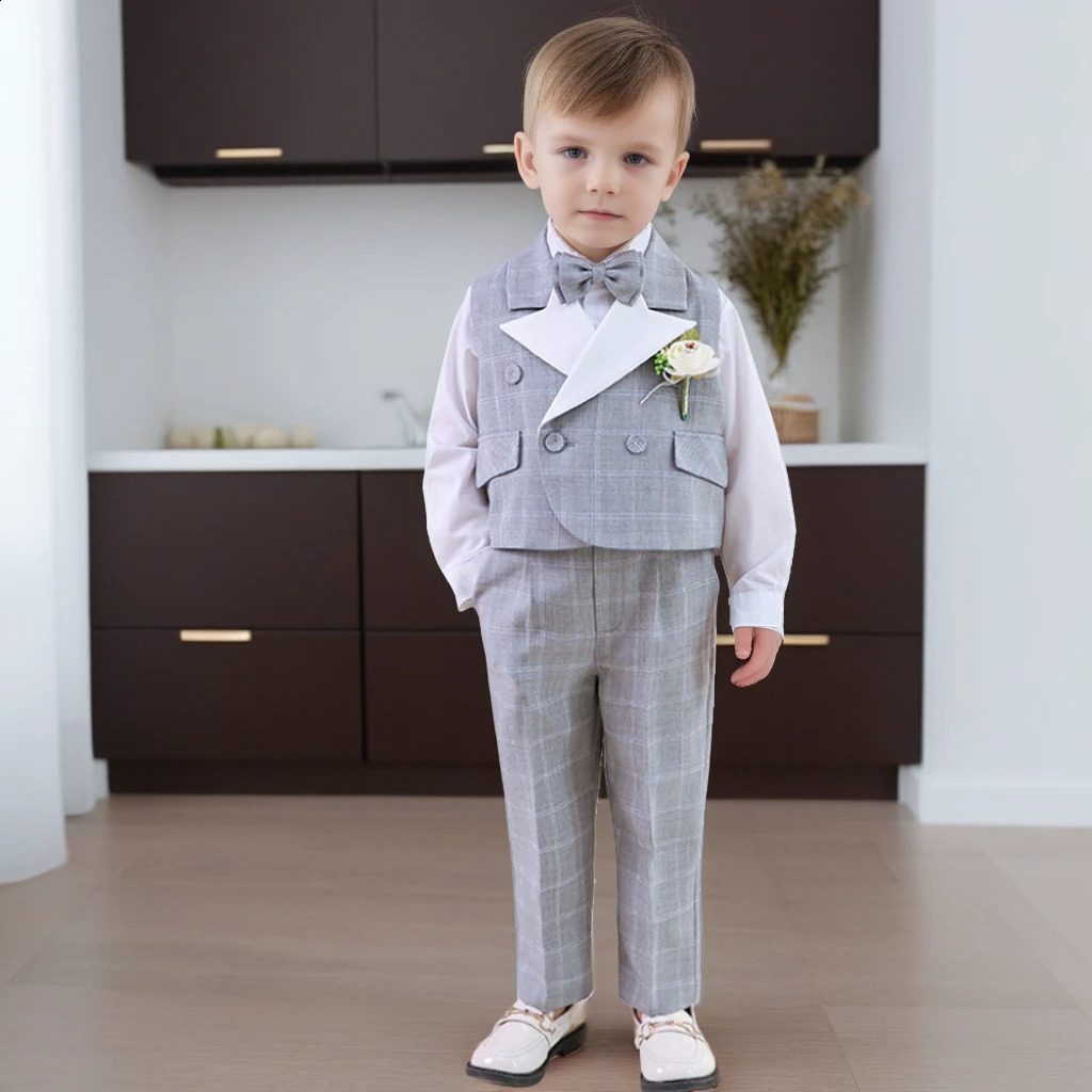 Trendy Boys Suit Set Spring British Style Formal Kids Plaid Vest Outfits Elegant School Child Birthday Pography Costume 250410