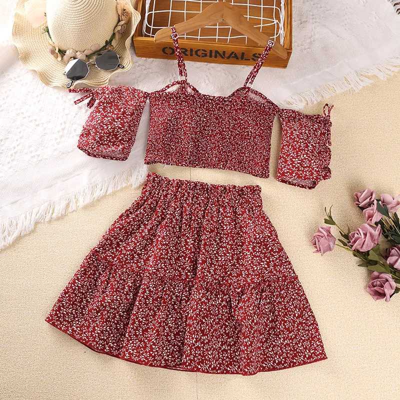Girls Set 8-12 Year Old Little Girls Red Flower Strap Top+Red Flower Skirt Korean Sled Set Summer Casual Clothing SetXJ250410