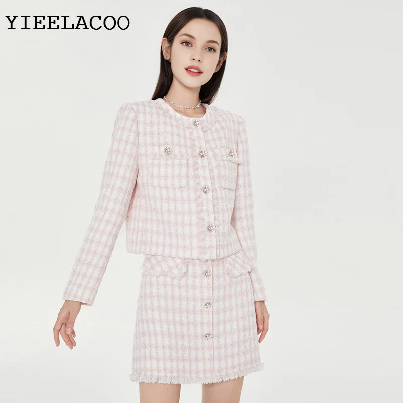 Pink Tweed jacket Skirt Suit plaid fashion Professional Set slimming Womens Suit Autumn/Winter 2-Piece Set 251106