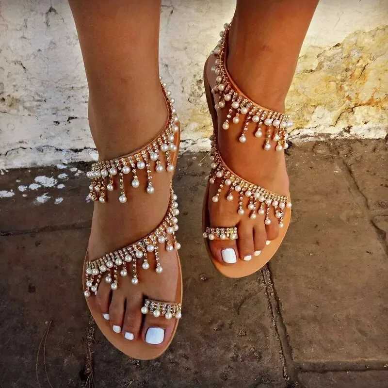1 pair of womens beach sandals with artificial pearl tassel flat Anker shoulder strap open toe lightweight womens casual sandalsXJ250410