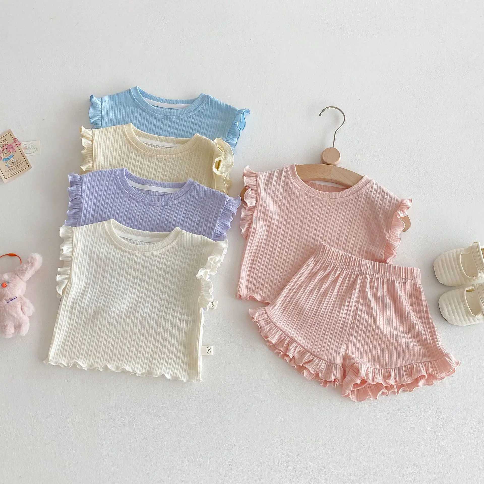 Milancel Girls sleeveless T-shirt set childrens solid color pleated vest shorts 2PCS summer set baby clothing childrens clothingXJ250410