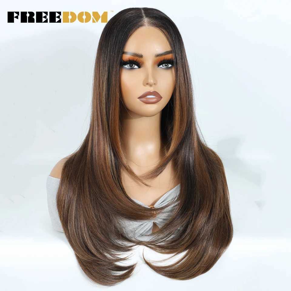 Synthetic Lace Front Wigs For Black Woman Layered Straight Wear and Go Glueless Wigs Ombre Brown T Part 6x4 Pre Plucked WigT251111