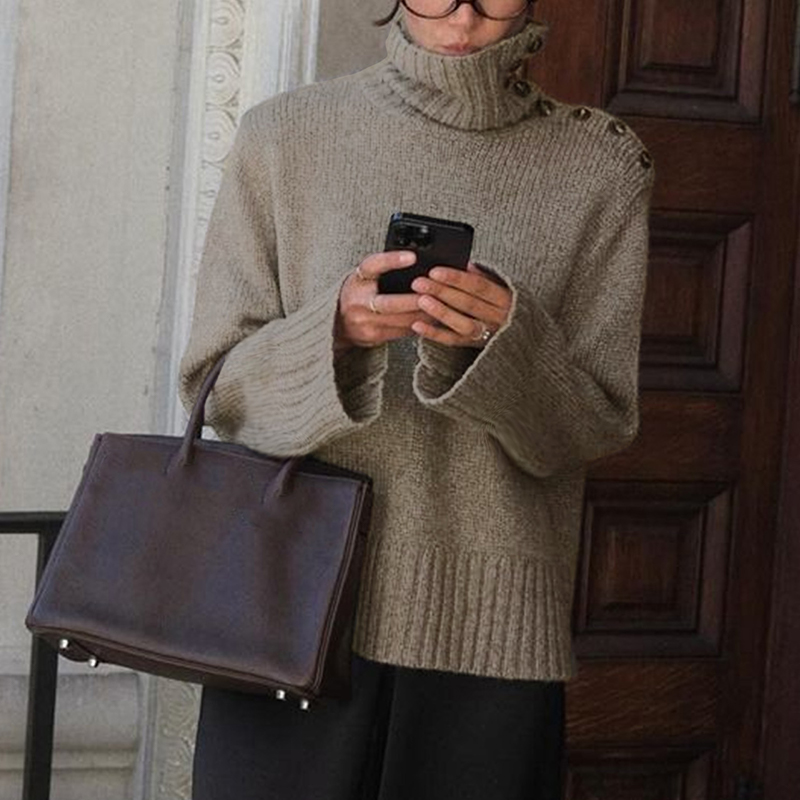 Women's solid-color tops, long-sleeved pullovers with turned-up collars, asymmetrical collars with buttons, casual streetwear St. Patrick's 