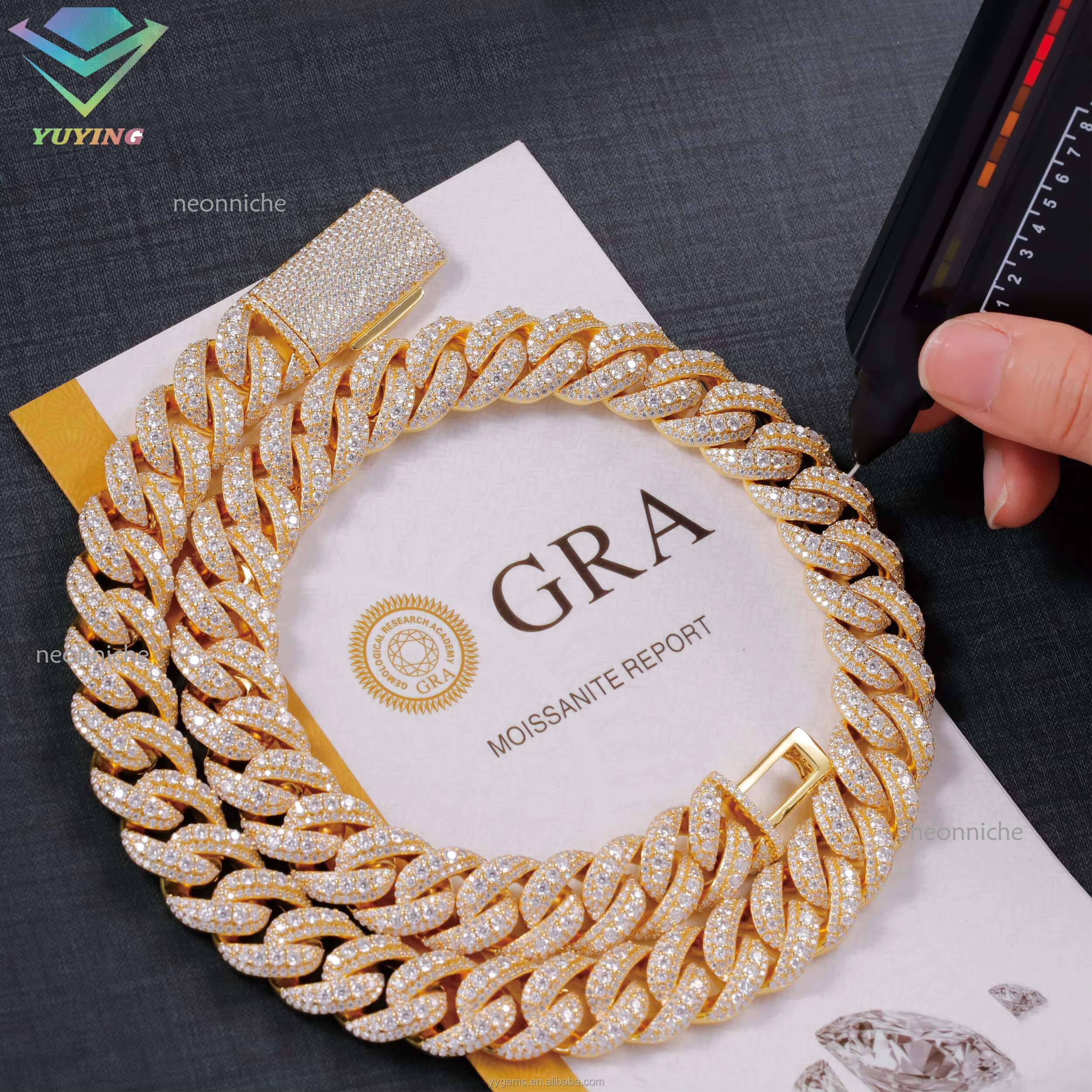 Pass Tester 14/16/18MM Width S Solid Gold Plated Iced Out Moissanite Dia Cuban k Chain Necklace