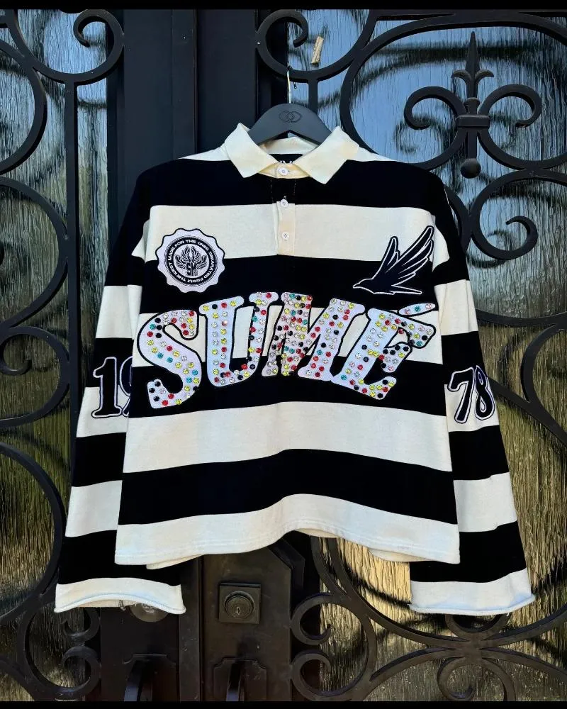 Designer Men's T Shirts Harajuku Top SUME Text Printing Long Sleeved Shirt Style Retro Striped Hip-hop Street Collar