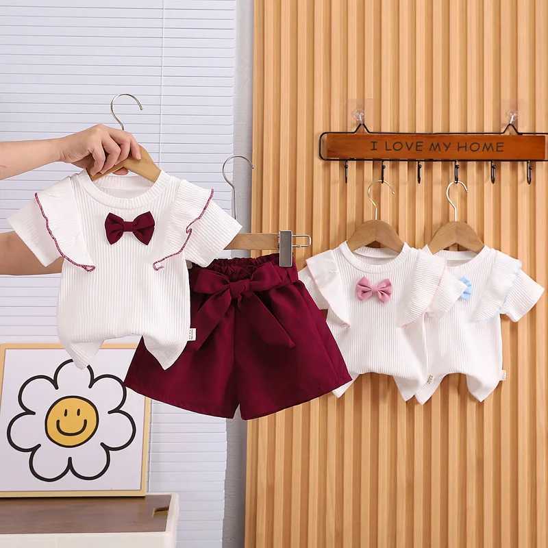 Baby girl summer clothing set with bow top and shorts 2-piece childrens clothing ensembleXJ250410