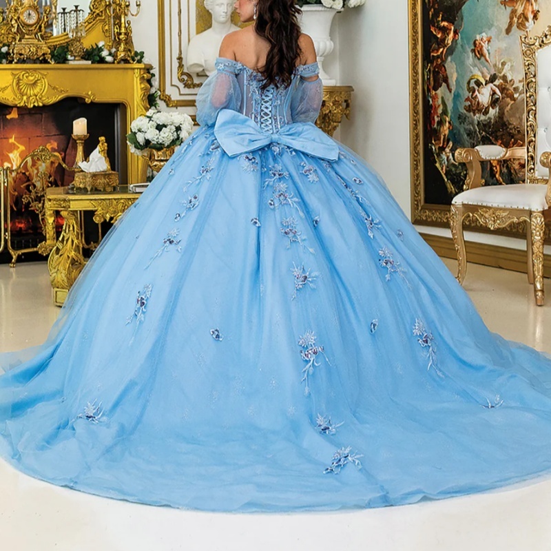 Sky Blue Shiny Princess Quinceanera Dresses Off Shoulder Beads Applique Bow Tull Long Sleeves Corset Sweet 16 Dress Ball Gown Vestidos 15 De Anos