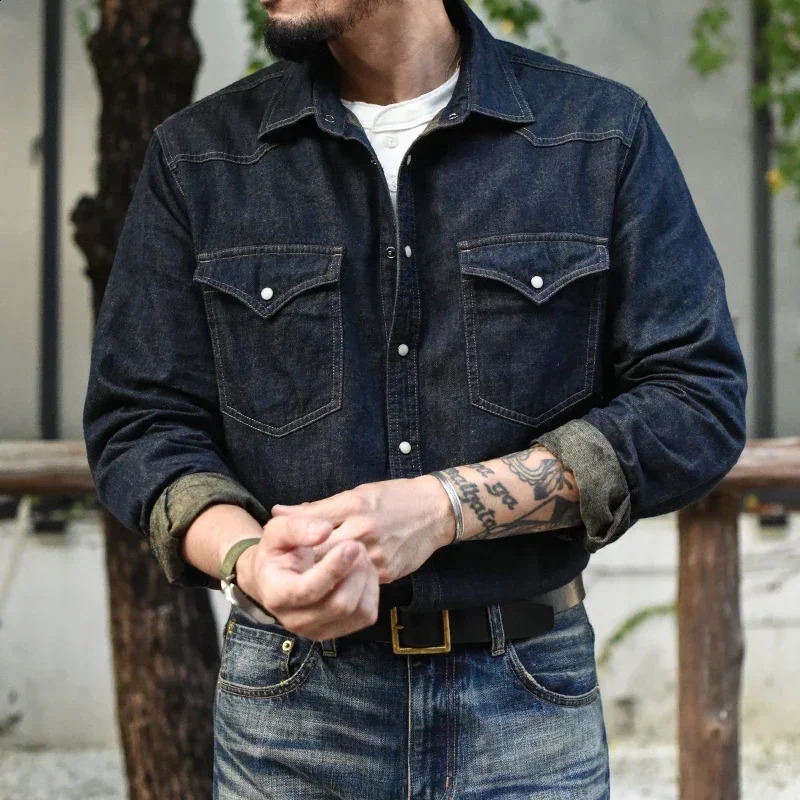 Sauce Jarman shirt jeans retro cotton linen western denim long sleeved double pocket 250411e