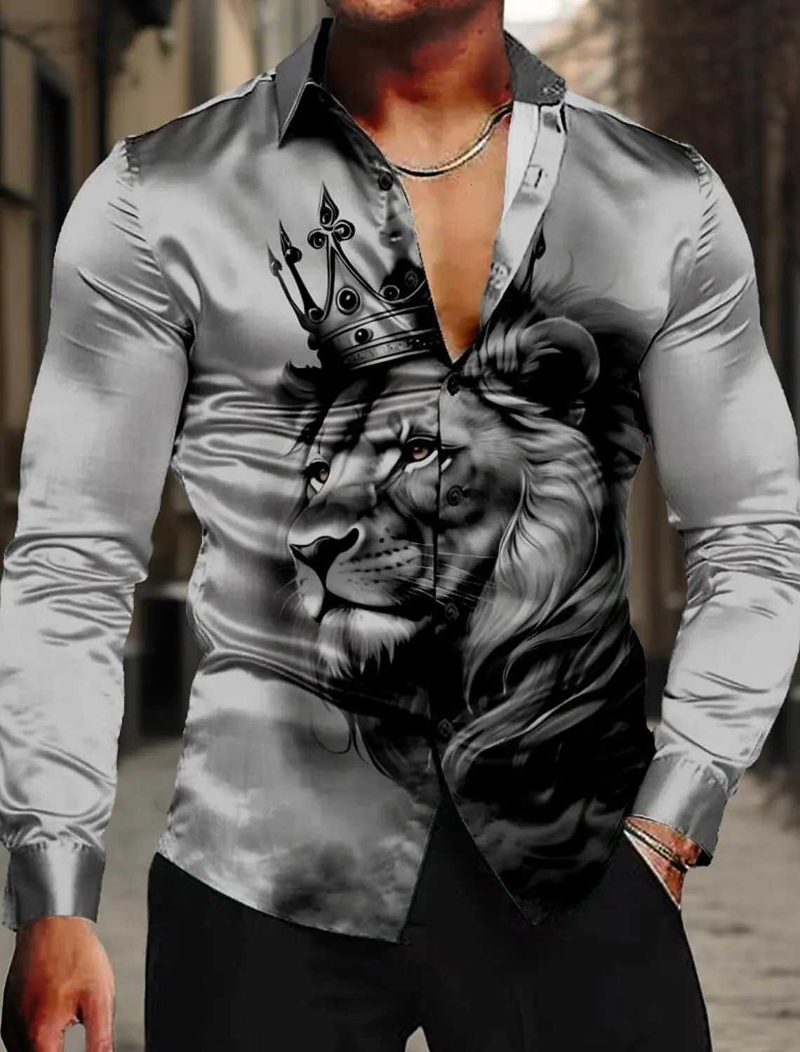 Lion King Casual Mens Shirt Satin Artificial Silk Formal Summer Spring Fall Turndown Long Sleeve 4-Way Stretch Fabric Shirt K251110