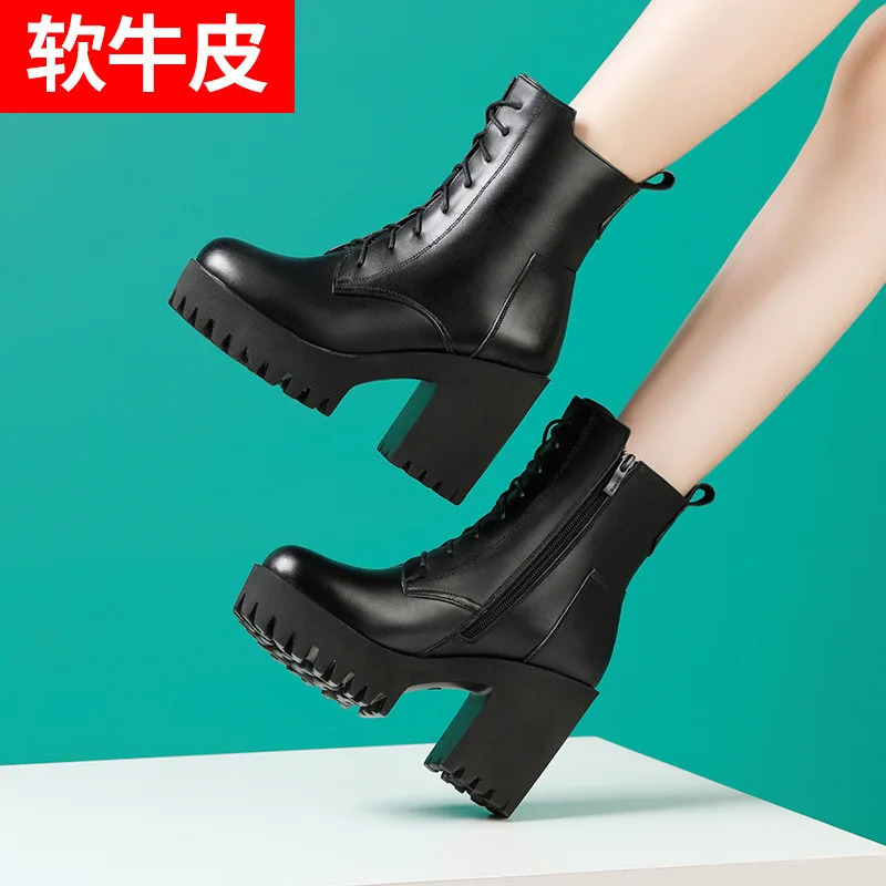 Ladies Genuine Leather Thick High Heels Shoes For Fashion British Style Platform Sports Boots WomenS Autumn Wedge Winter Boots 251110