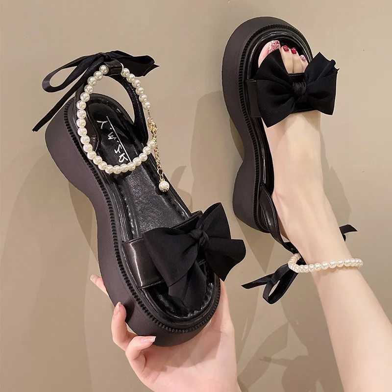 Beige high-heeled sandals Fi womens shoes 2025 black luxurious comfortable smooth new lace suspender summer bow girlXJ250410