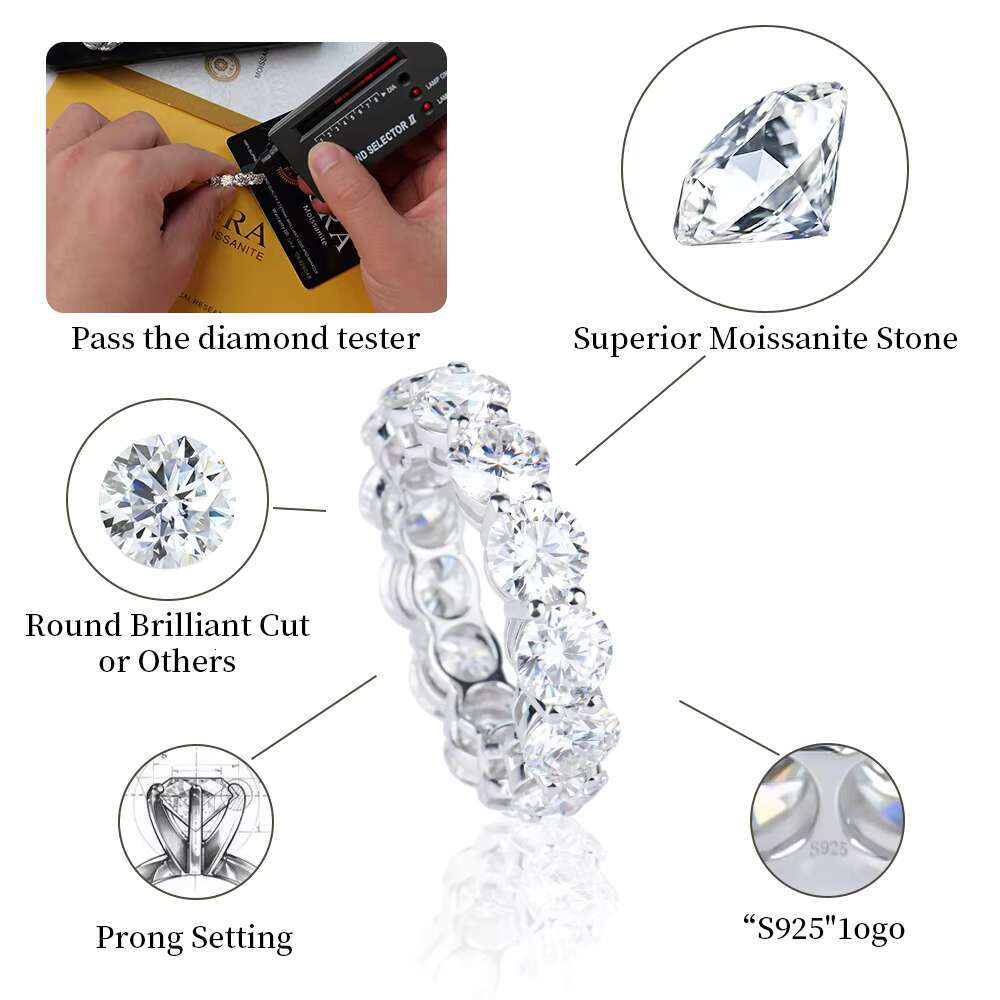 Hip Hop Wholesale 4mm 6mm 925 Sterling Silver Rhodium Plated Gra Vvs d Color Diamond Moissanite Full Eternity Tennis Ring