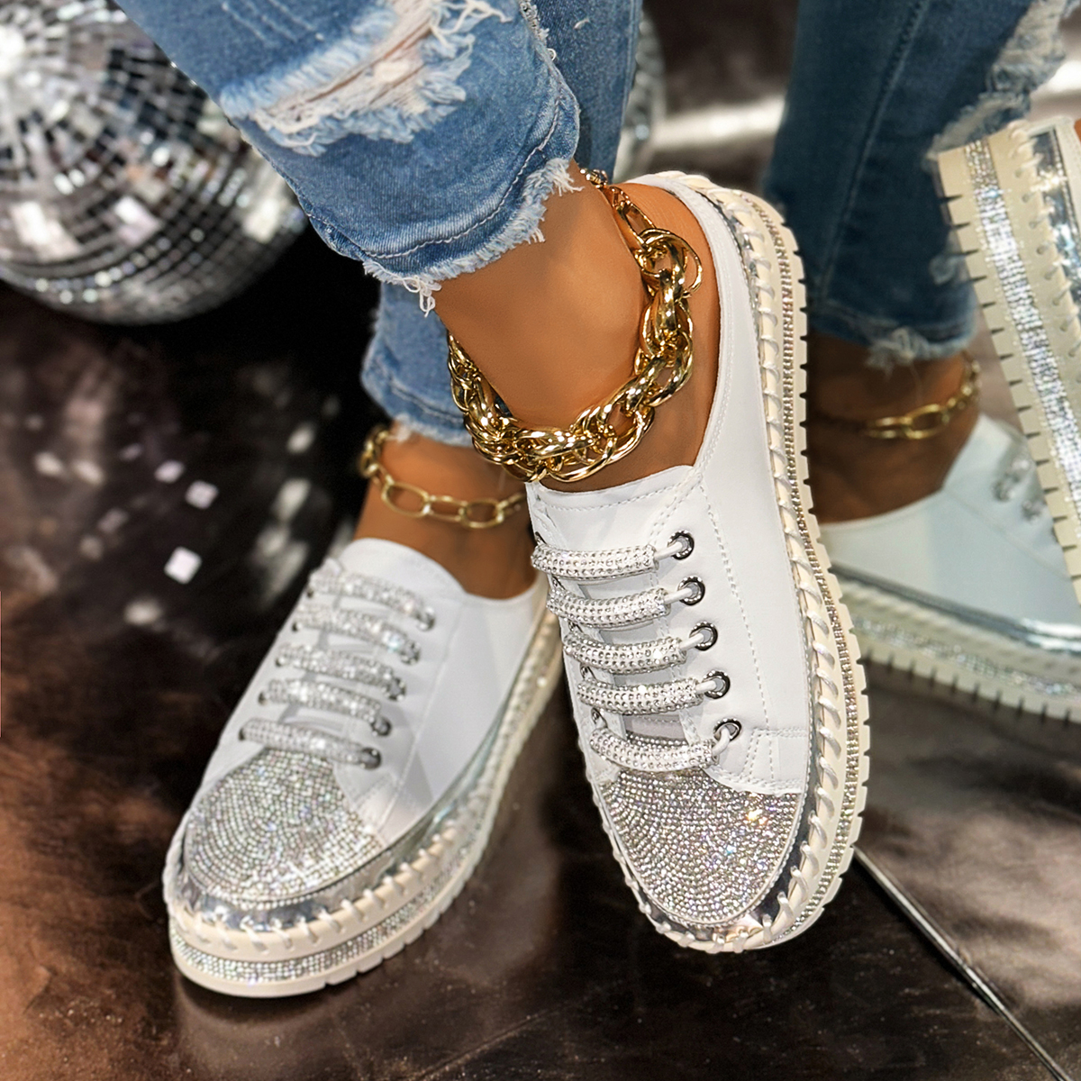 Women's Shiny Water Diamond Luxury Shoes Spring and Autumn Casual Sports Shoes Women Fashion Flat Shoes Designer Lace up Slippers Zapatos Mujer