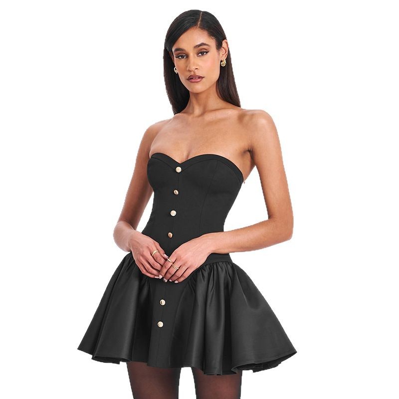 F481Chic Ladies' Spring Seasonal Tops - European Inspired Single-Breasted Puffy Dresses for a Stylish Look