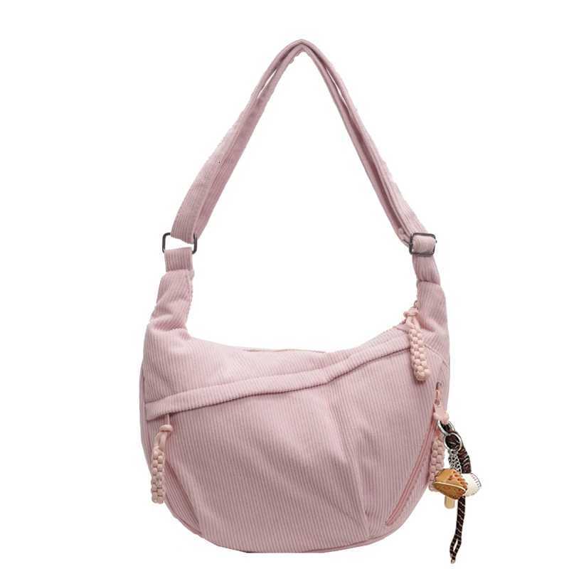 Women Fashion Shoulder Bag Multi-pockets Daily Messenger Bag Adjustable Strap Corduroy Half Moon Bag with Pendant Commuting BagT251110
