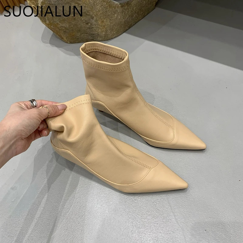 SUOJIALUN Winter Thin Low Heel Women Ankle Boots Fashion Pointed Toe Slip On Chelsea Boots Shoes Soft Leather Short Boots 251110