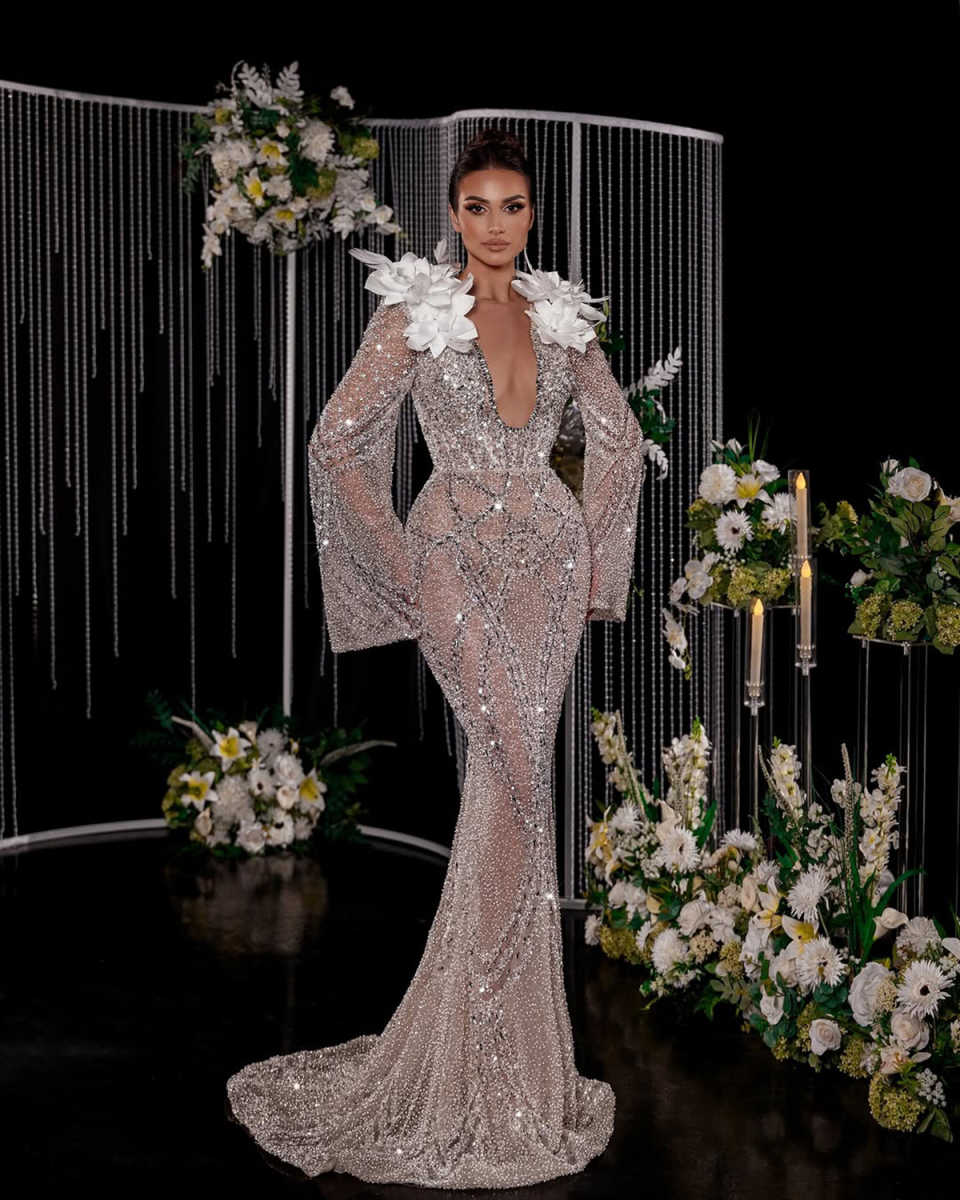 Sexy Mermaid Elegant Wedding Dresses With Sequins Full Sleeve 3D Appliques Sequins Backless Party Plus Size Custom Made vestido de novia