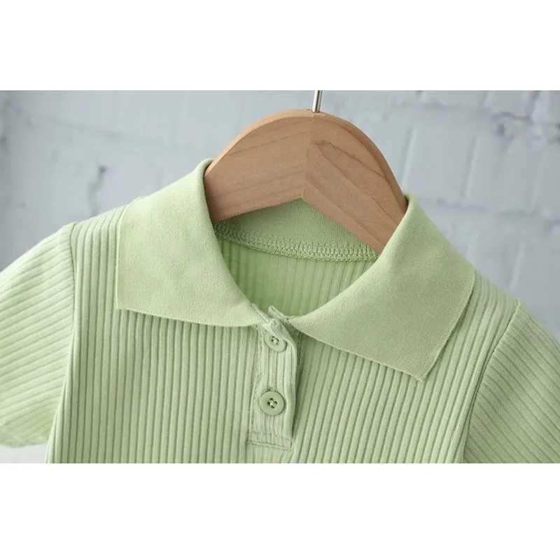 Girl Polo T-shirt Set Childrens Collar Pit Stripe Set Summer Short sleeved Top+Pants 2PCS New Childrens Solid Casual Set 2-8YXJ250410