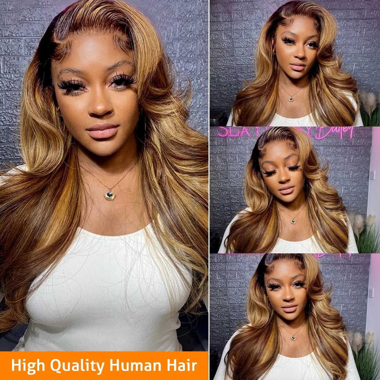 30 Inch Honey Blonde Ombre 13X4 HD Lace Front Wig Human Hair Highlight Body Wave Lace Frontal Wigs Pre Plucked 4/27 ColoredT251111