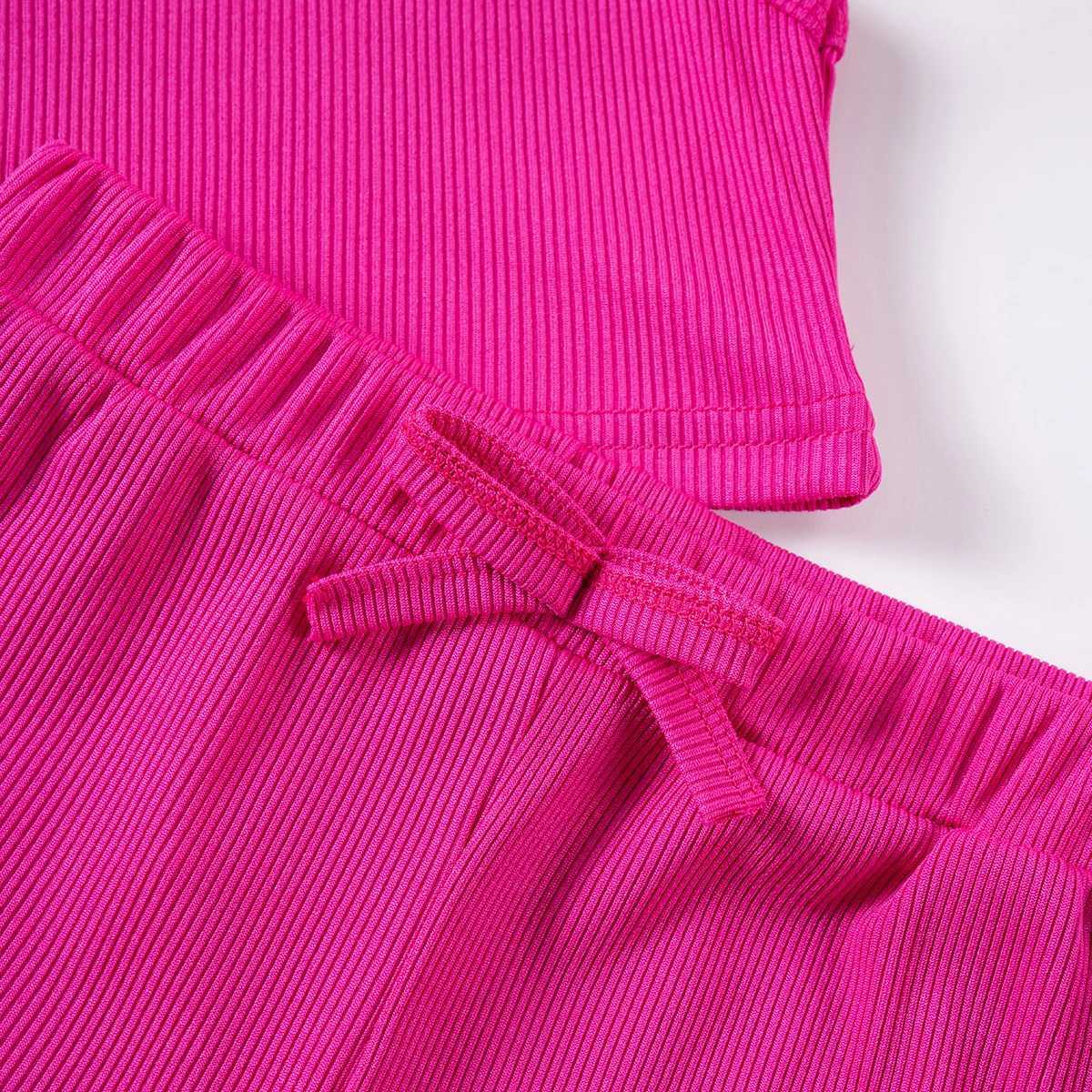 Girls solid ribbed vest shorts childrens casual sleeveless top+shorts 2PCS clothing set girls sportswear summer 1-7YXJ250410