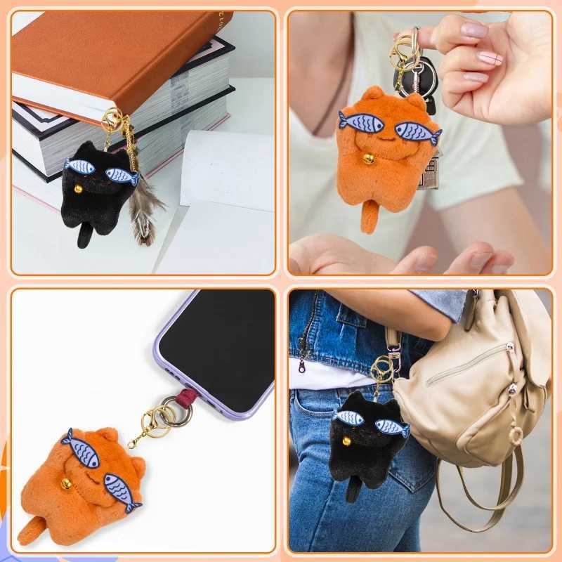 New plush shy cat keychain cute cat with bell backpack pendant key handbag charm girl gift W250411