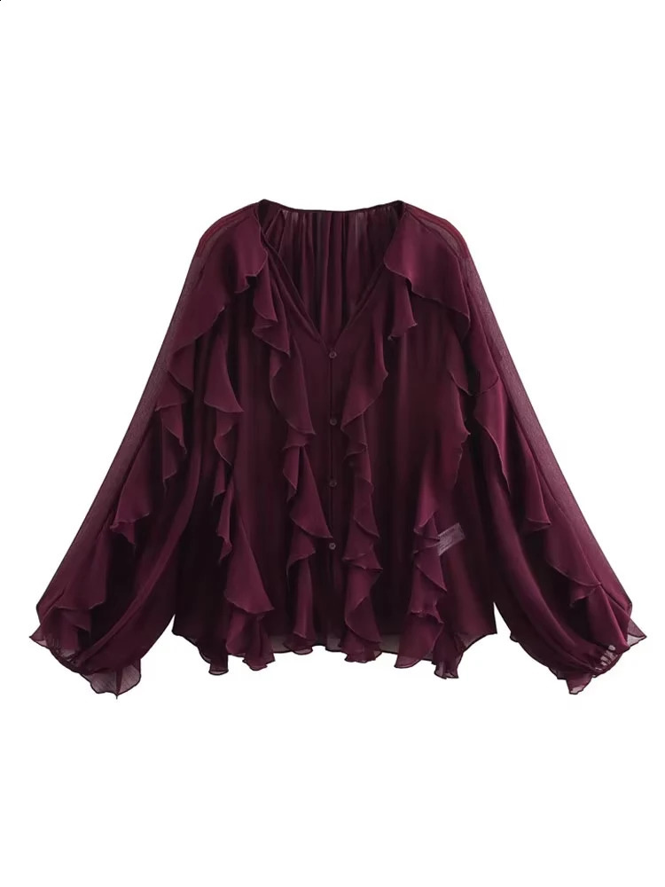 TRZA Womens Fashion Ruffle Half Wool Vneck Long Sleeve Button Shirt Top 250411