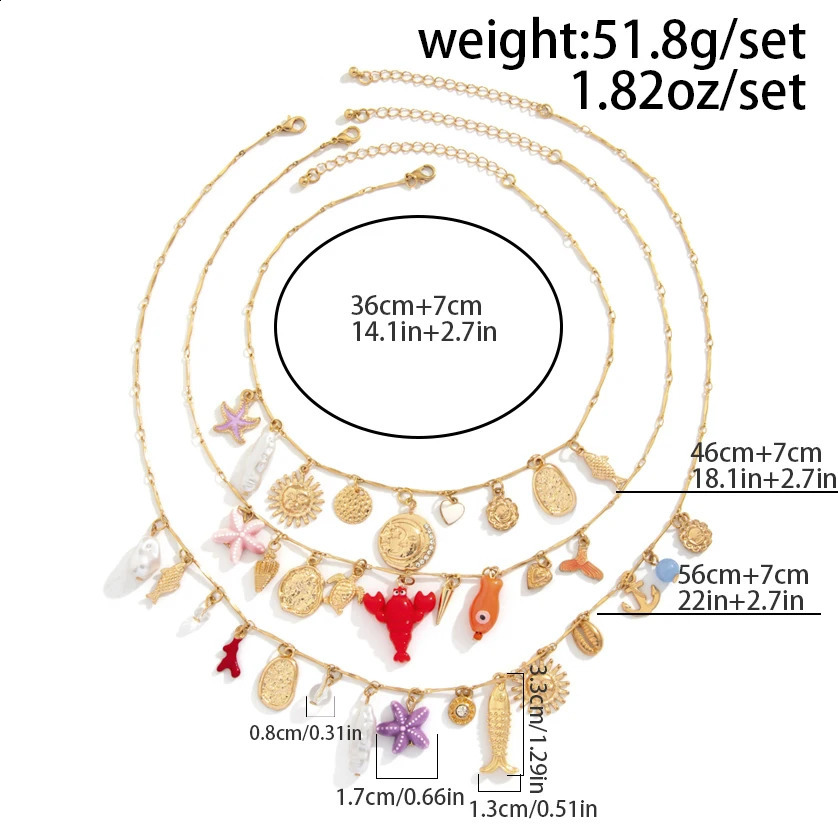 Ingemark 3Pcs/Set Bohemian Drip Oil Fish Scalp Cactus Starfish Tassel Pendant Necklace Summer Chain Y2K Holiday Jewelry 250409
