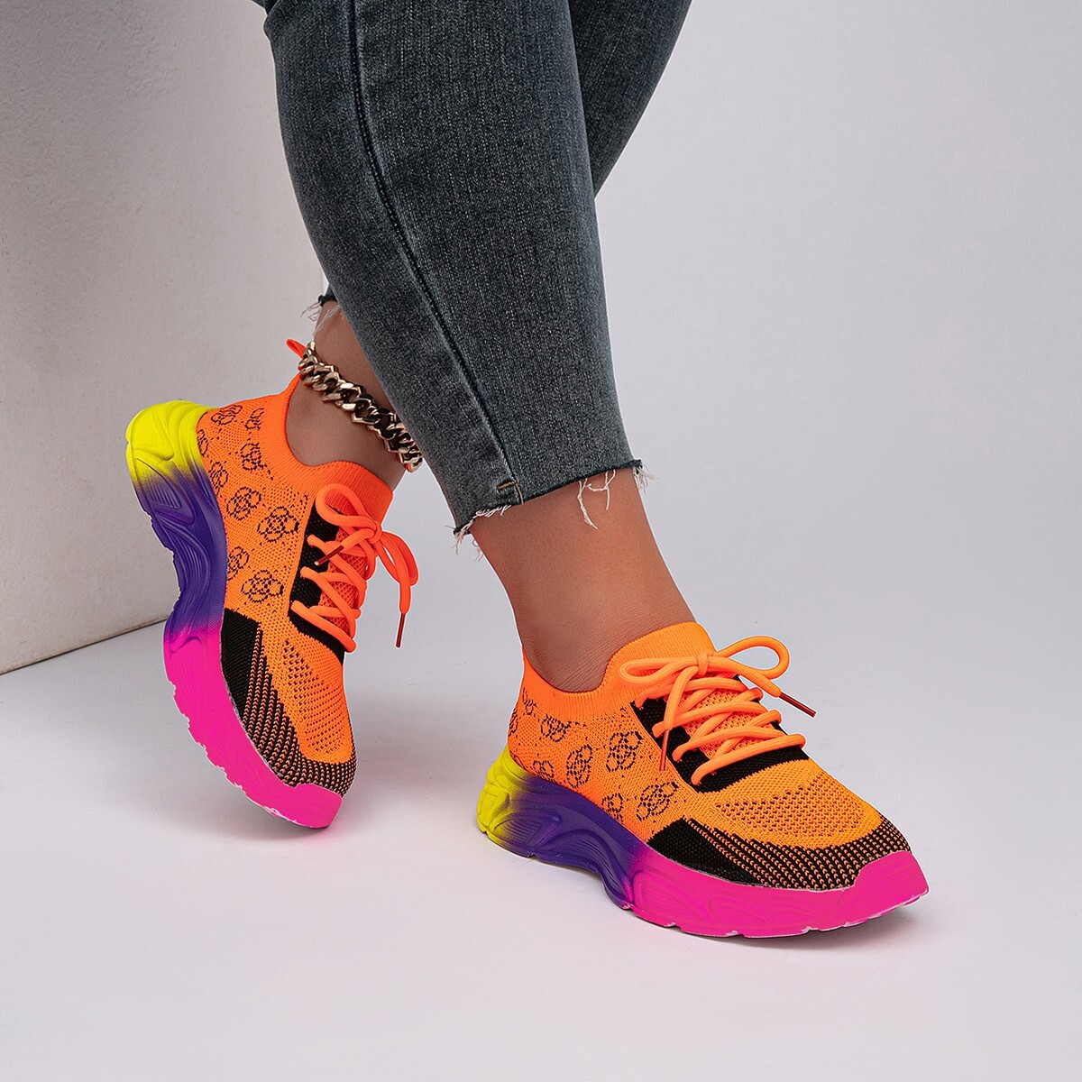 Free Shipping 2025 New Fashion Deign Sneakers Plus Size Breathable Mesh Rainbow bottom Sport Shoes for Women