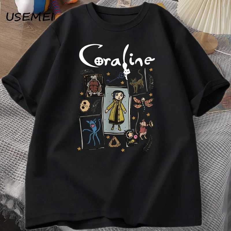 Coraline Halloween T-shirt Womens Spooky Retro T-shirt Harajuku Autumn Short sleeved T-shirt Cotton Womens Clothing M250411