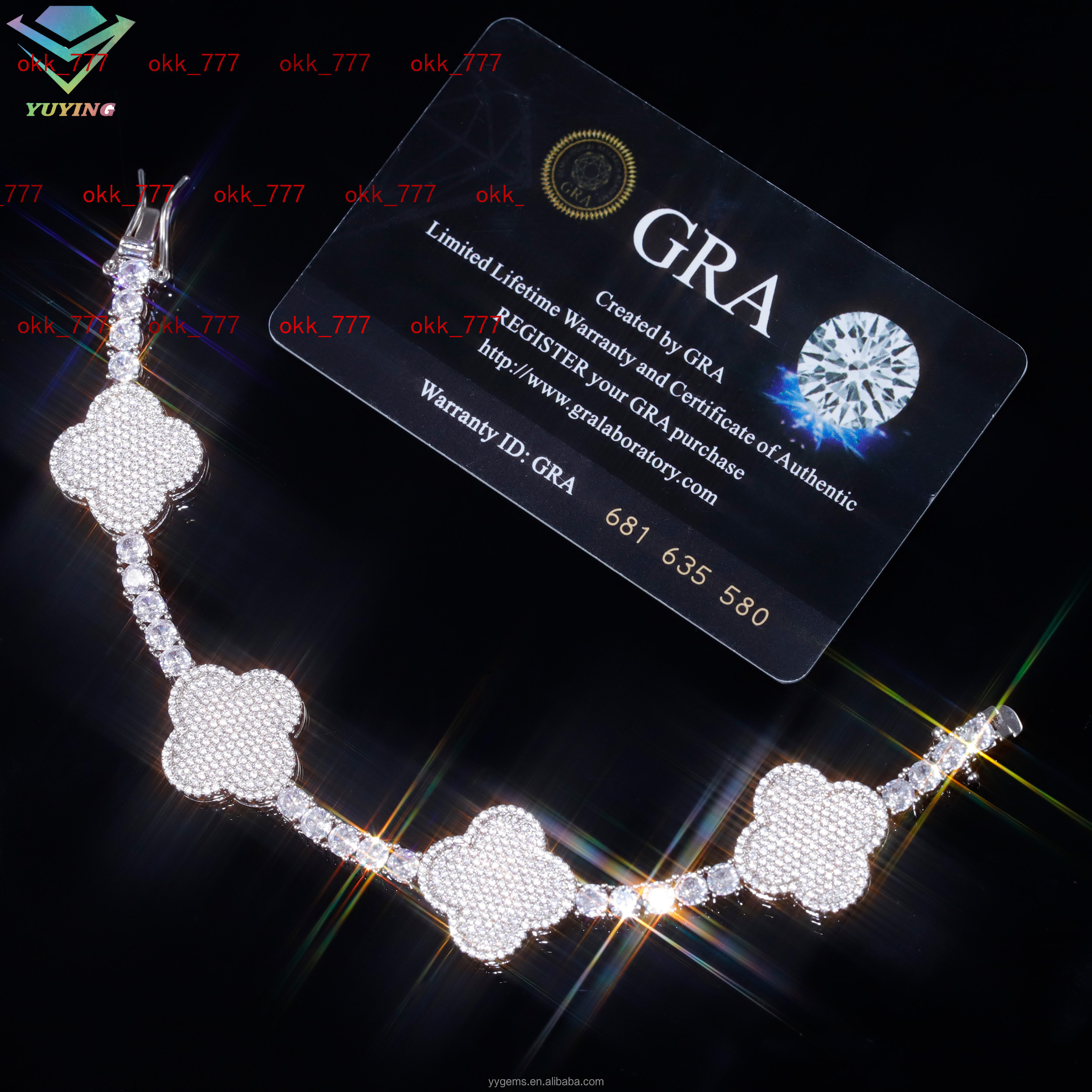 Hip Hop Iced Out Diamond Clover Bracelet 3mm Wide 925 Silver VVS1 Moissanite Tennis Bracelet with GRA Certificate
