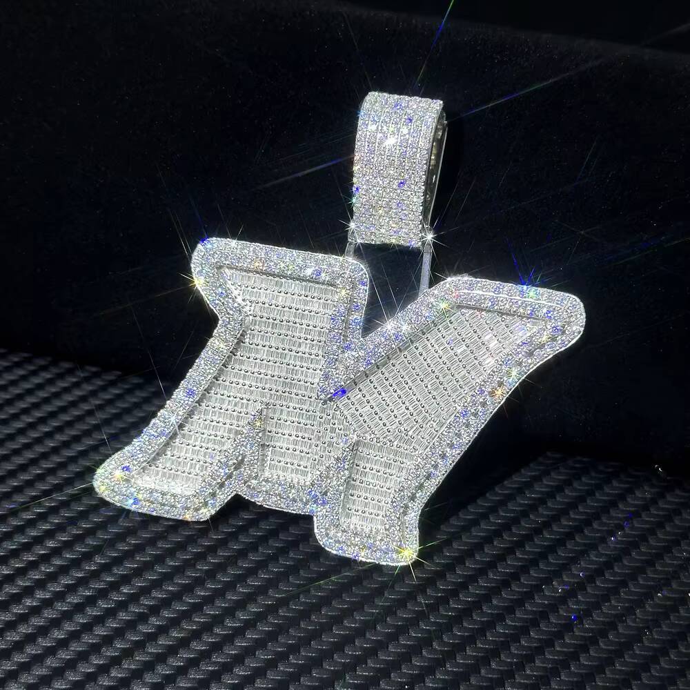Custom Iced Out Letter M Pendant 925 Silver Baguette Initial VVS Moissanite Diamond Pendant Link Chain Hip Hop Fine Jewelry