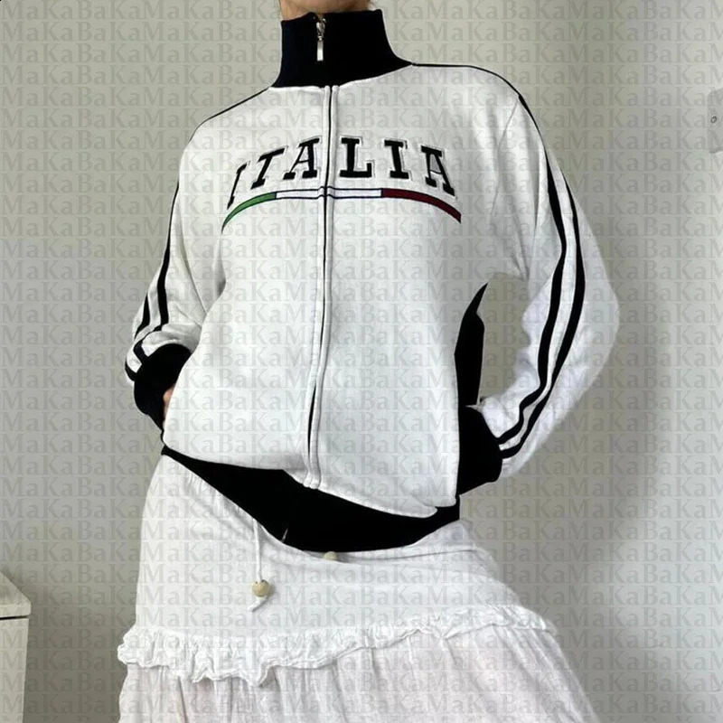 Italian retro womens plus size letter ed zipper jacket sportswear Y2K hooded sweatshirt autumn and winter 250314