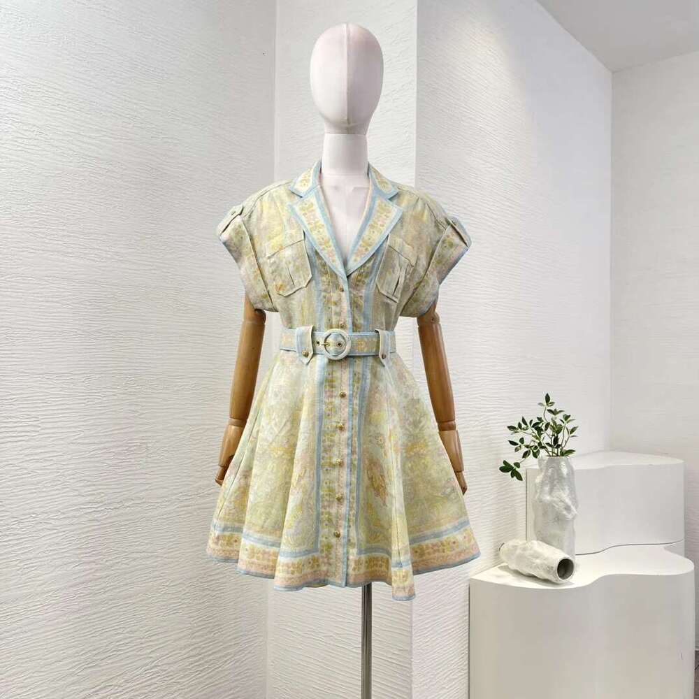 Pure En New High Quality Light Green Ral Print Short Sleeve Women Belted Holiday Mini Dress
