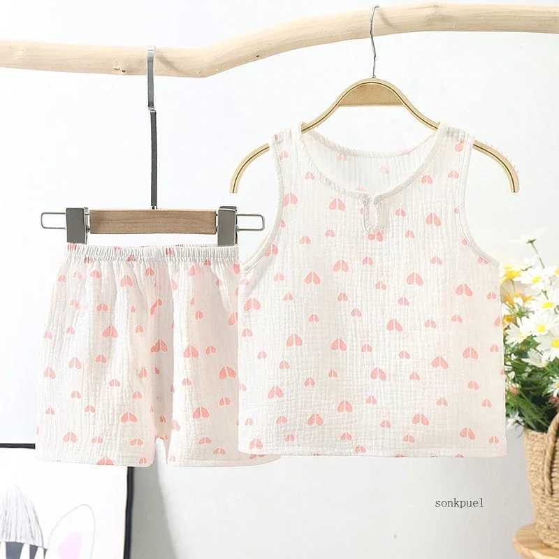 2024 Summer New Gauze Cotton Boys and Girls Tank Top+Shorts Set Childrens Baby Home Clothing Baby 2-piece SetXJ250410