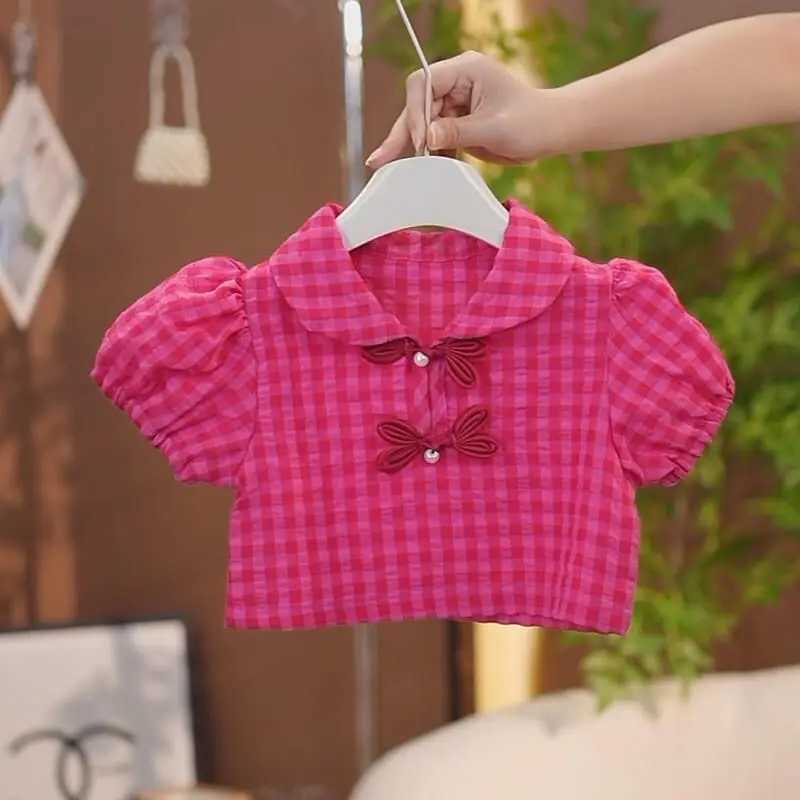 Baby girl set summer girl skiing set childrens top+skiing 2pic childrens red checkered cute set 1-9 years old fashionable clothing for teenagersXJ2504