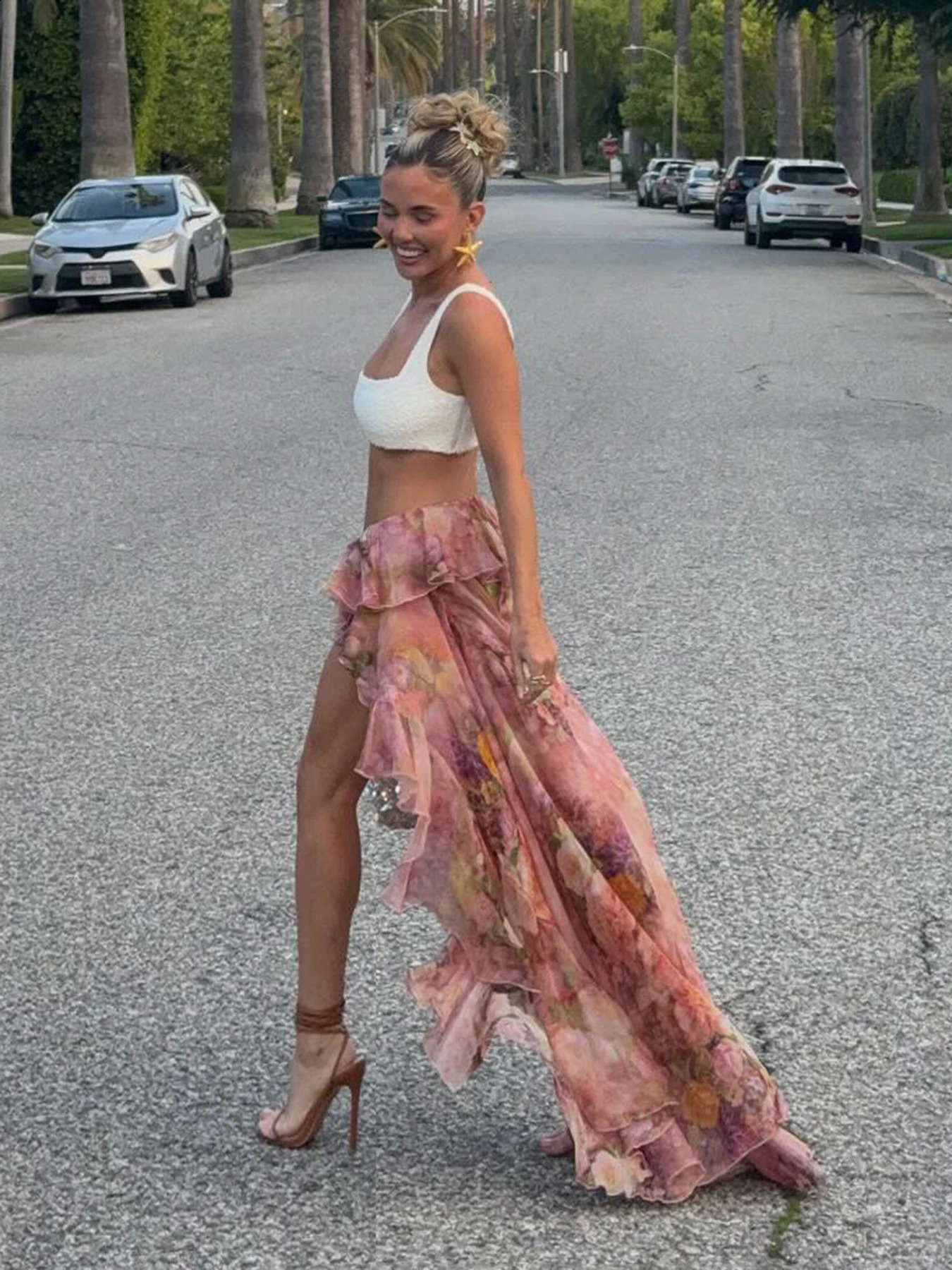 Rockmore Holiday Flower Printed Ruffle Half Body Skirt Low Waist Y2K Aesthetic Lace Skirt Harajuku Grunge Fairycore Clothing 250408