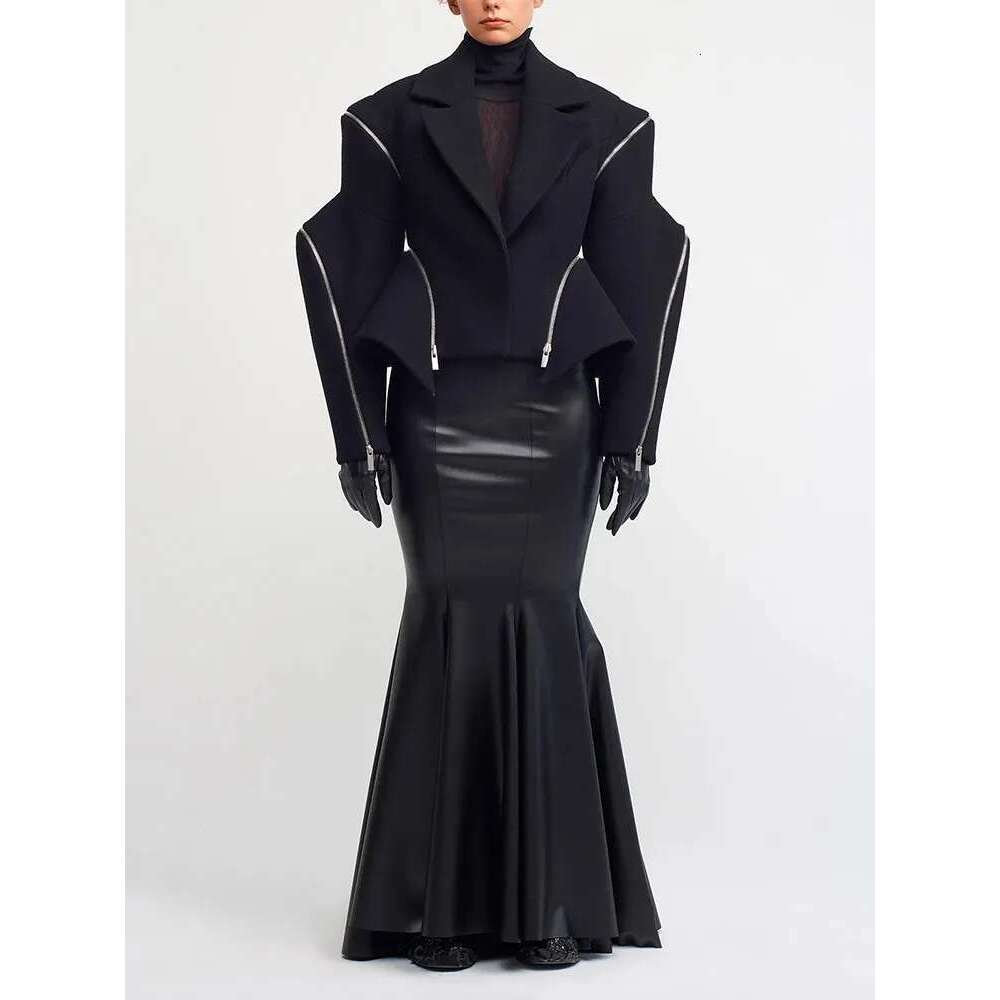 TWOTWINSTYLE Solid Spliced Zipper Jackets For Women Notched Collar Long Sleeve Patchwork Button Streetwear Coats Female Fashion
