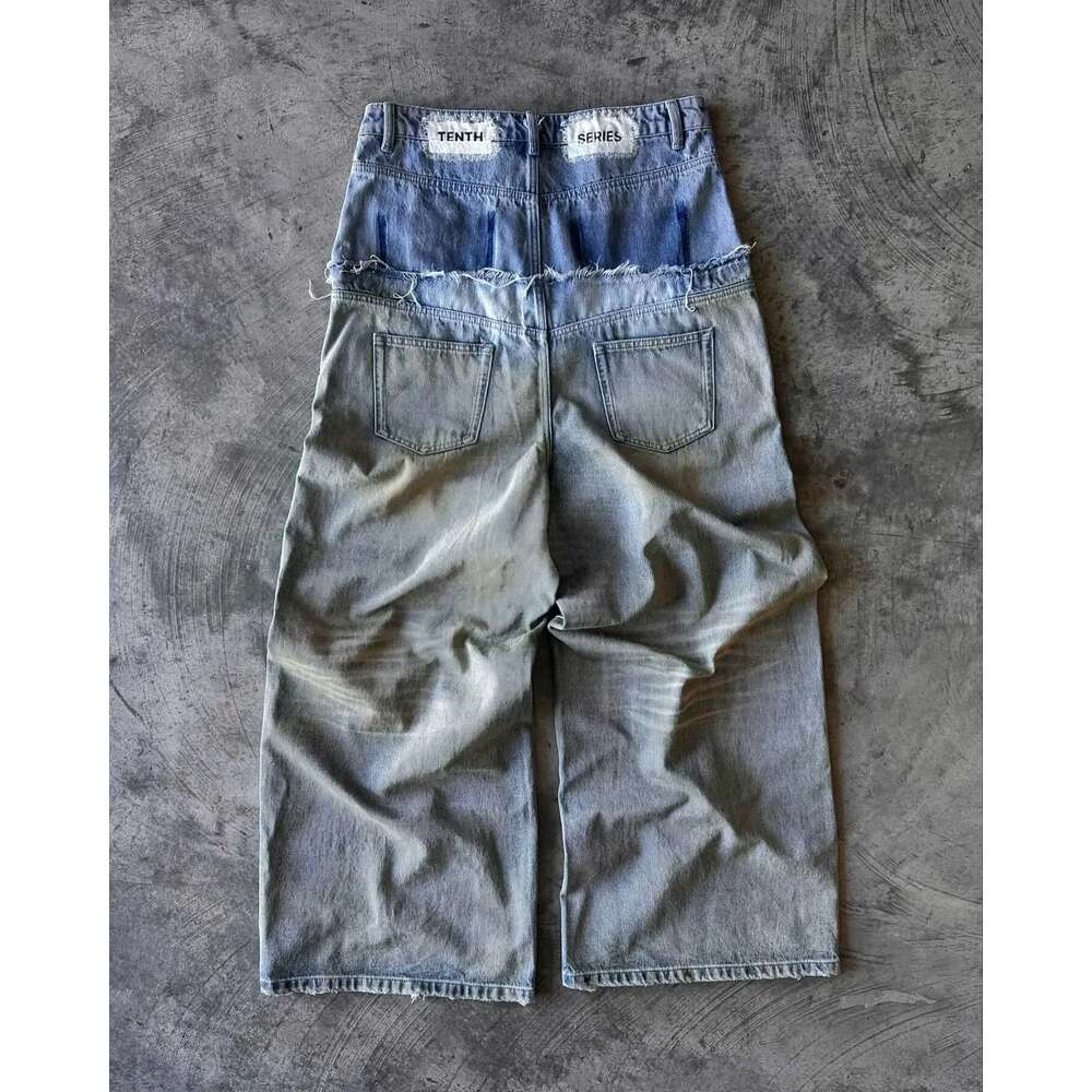 Street hip hop letter-print jeans Men y2k Goth punk Haruku ripped wide Retro loose straight leg double waisted pants