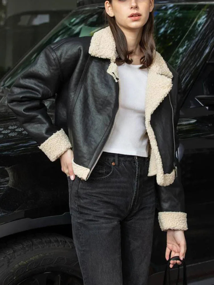 HH Womens Winter Short Motorcycle Jacket Fur One-piece Jacket Retro Lapel Zipper Pocket Decoration Womens Street Wear 251106