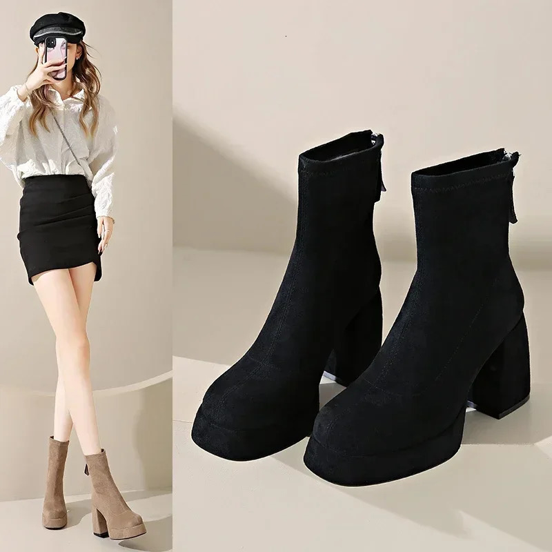 Womens Fashion High-heeled Boots Winter British Style Soft Sole Anti-slippery Catwalk Versatile Keep Warm Leather Shoe 251110