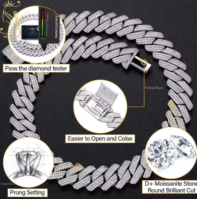 Elegant Men's Miami Style Cuban Link Necklace - 18'' Length, 10mm & 14mm White Gold Accents, Premium Silica Stones