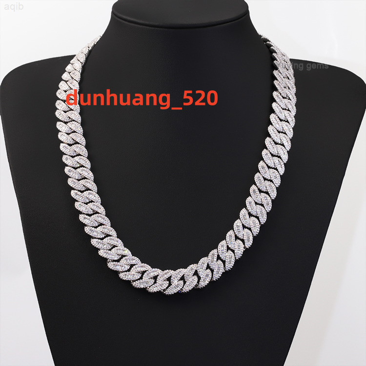 Custom 20mm Wide Baguette with Round Moissanite Pass Diamond Tester 925 Silver Cuban Link Chain