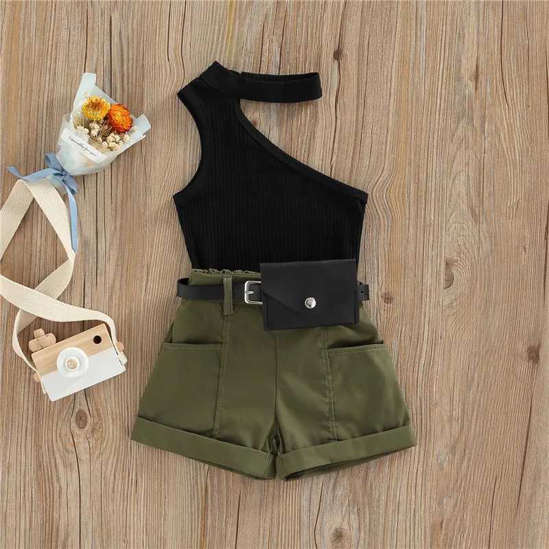 1-5 year baby girl casual suit tank top+shorts+waist bag pocket decoration casual sled girl summer clothing setXJ250410