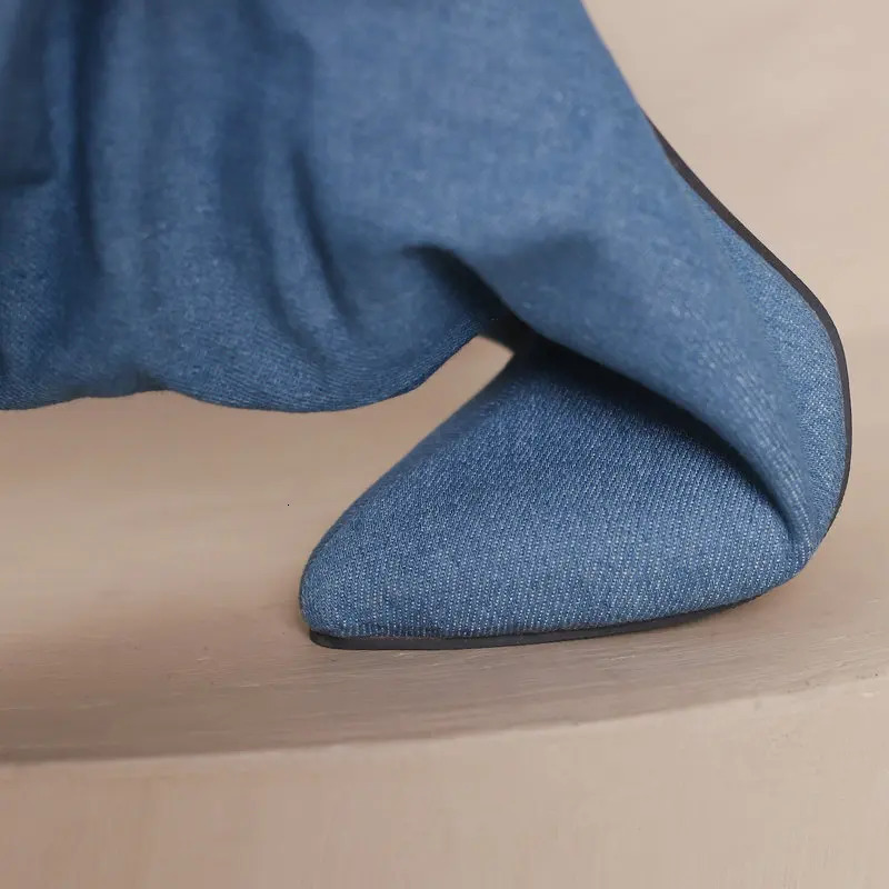 Women Denim Cowboy Boots High Heels Winter Warm Shoes Extra Big Size 45 47 48 Mid Calf Boots Stiletto 251106