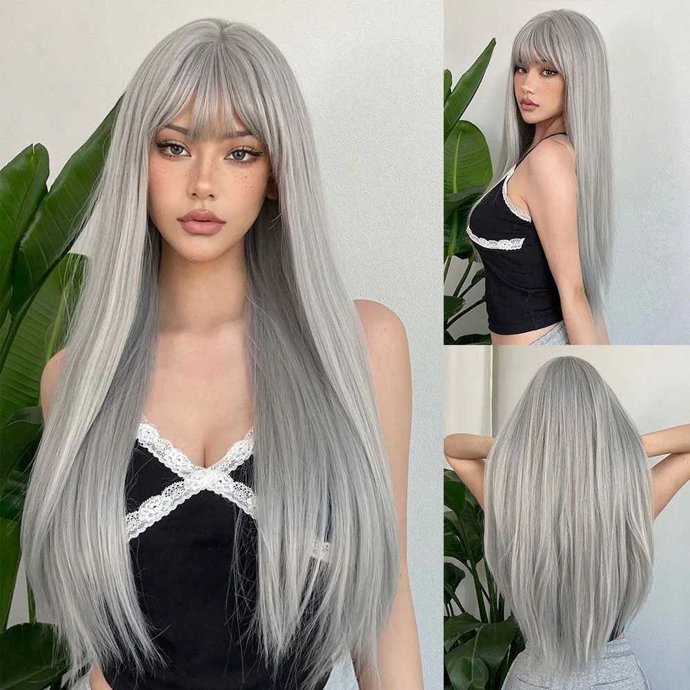 Long Straight Synthetic Wig Granny Gray Center Part Natural Bangs High Temperature Silk Wig For White Women Cosplay DailyT251111