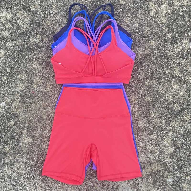 Solid color fitness bike yoga set short leg cross back sports bra 2pc track suit womens gym set comprehensive training JoW250411