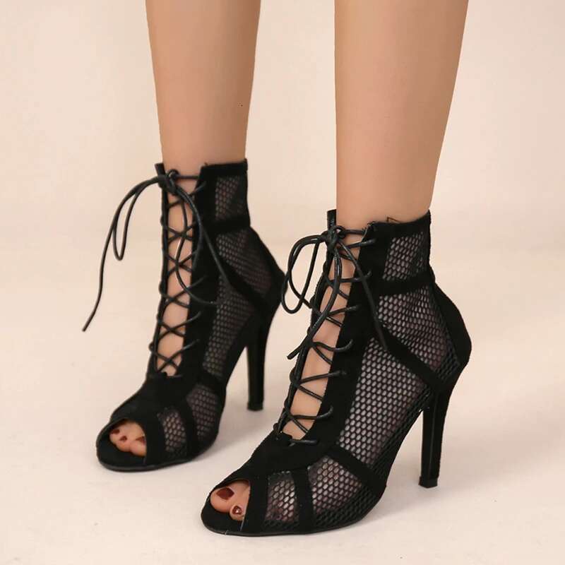 Sexy High Heels Hollow Mesh Women Summer hot Cross-tied Peep Toe Heeled Ankle Strap Dance Shoes Black NEW Net Sandals