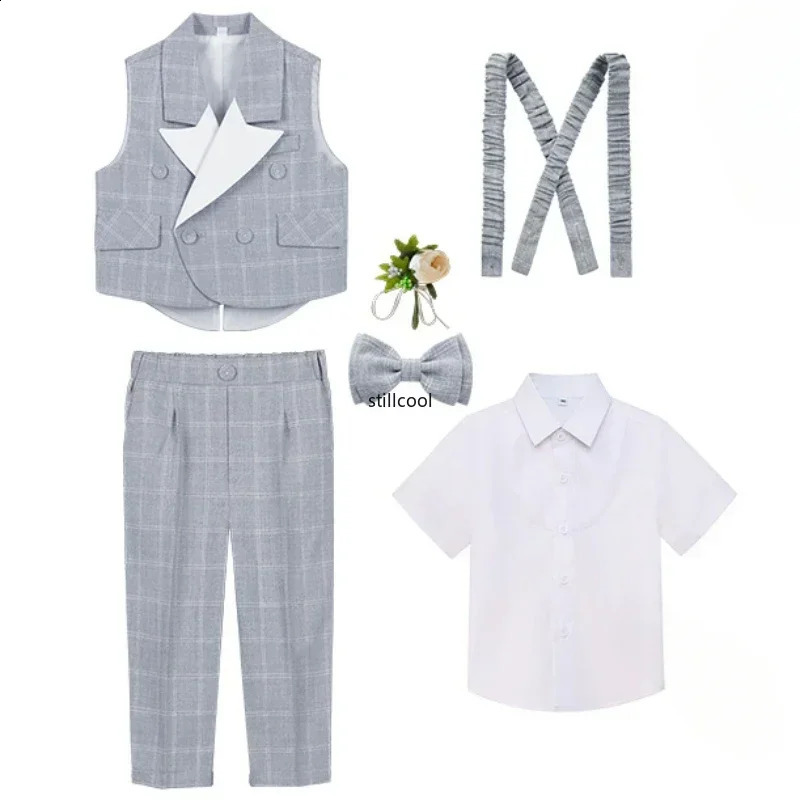 Trendy Boys Suit Set Spring British Style Formal Kids Plaid Vest Outfits Elegant School Child Birthday Pography Costume 250410