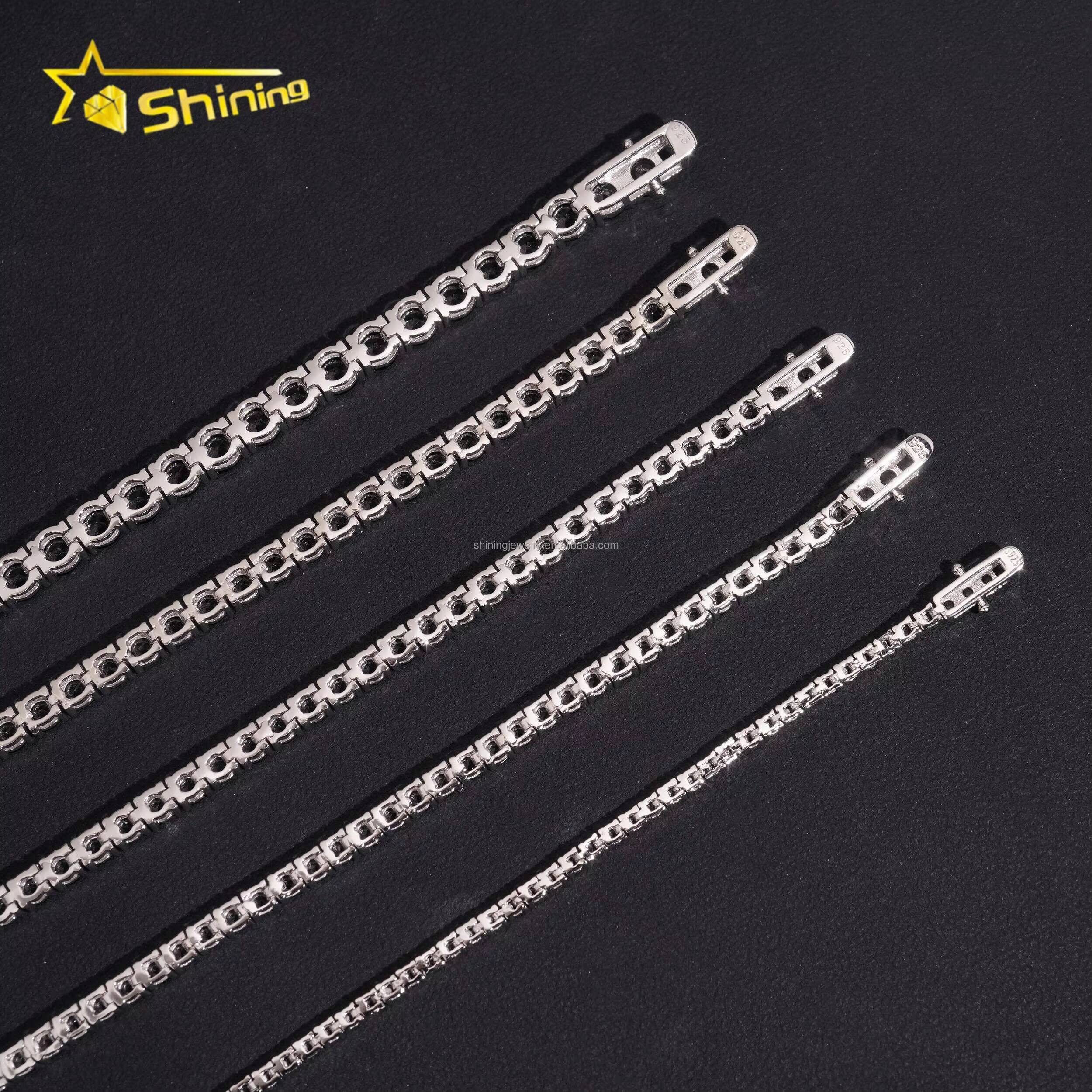Bulk Stock 2mm 3mm 4mm 5mm 65mm Hip Hop Hot Selling Fire Jewelry Black Moissanite 925 Sterling Silver Tennis Chain Bracelet